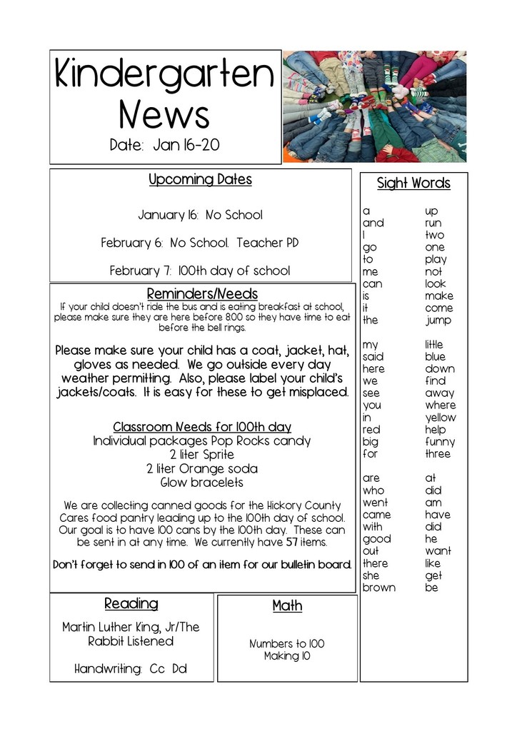 Kindergarten Weekly Newsletter