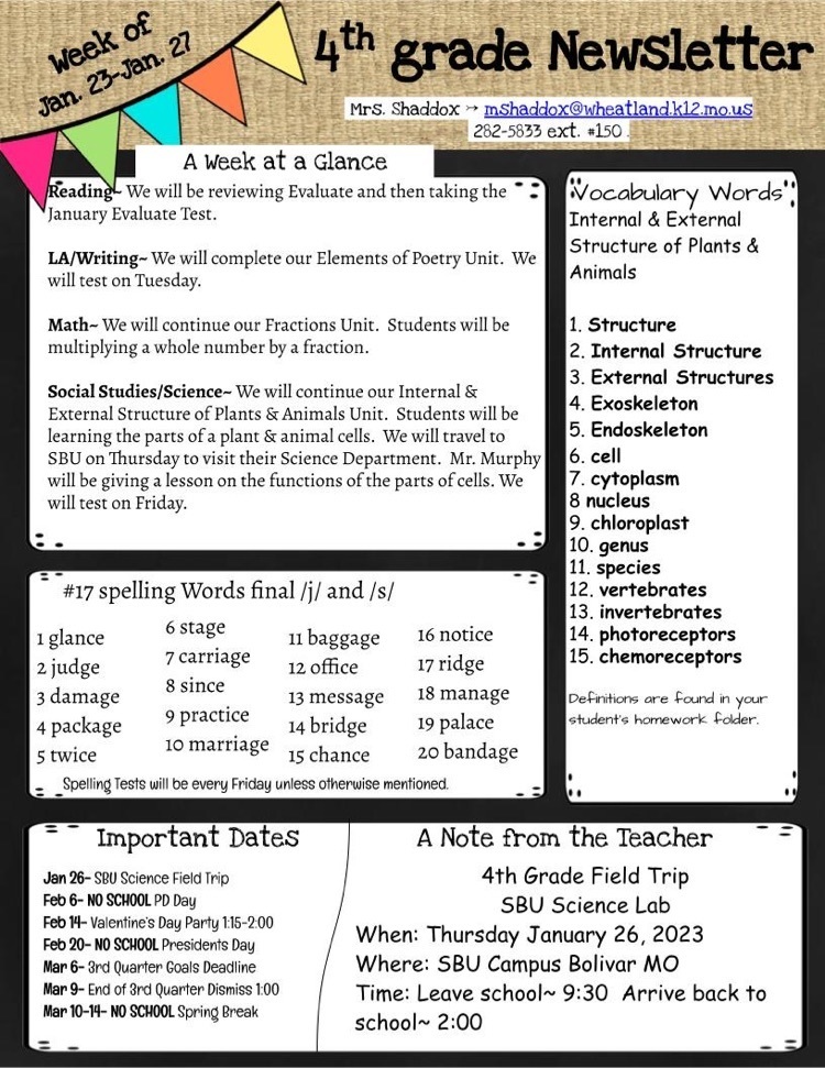 4th Grade Weekly Newsletter: 