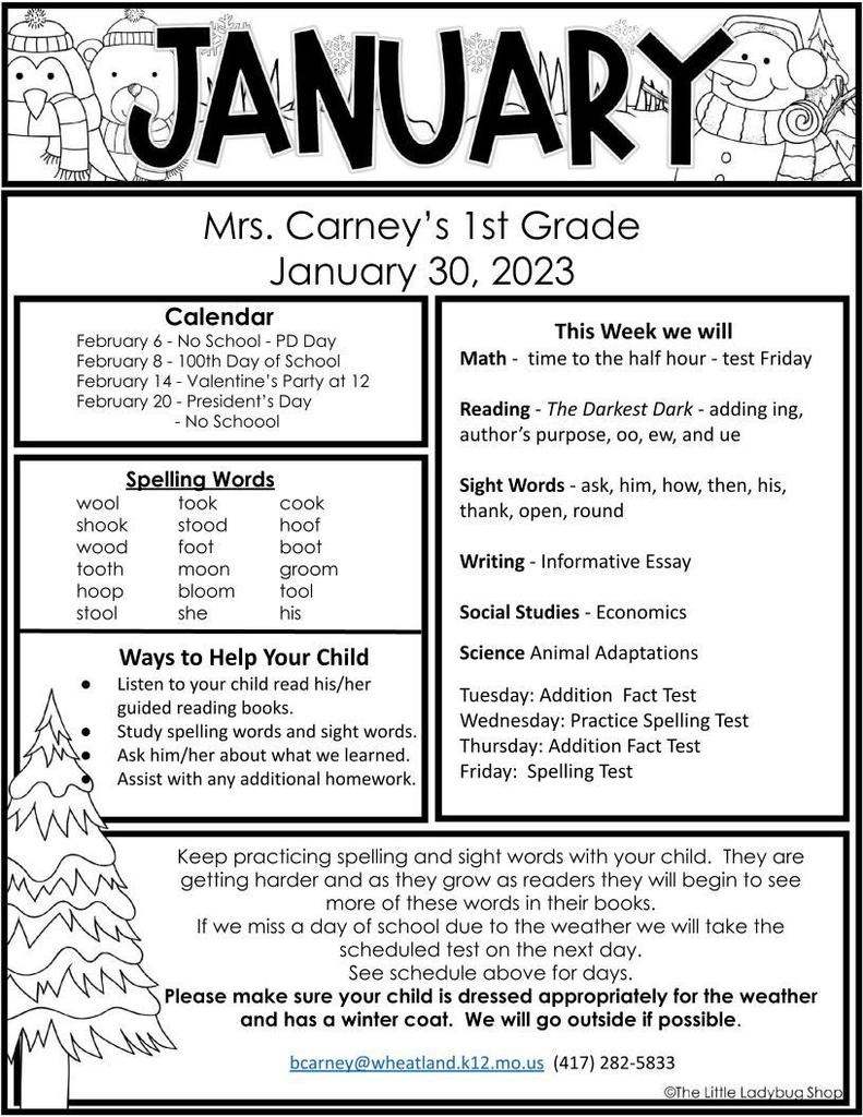 First Grade Weekly Newsletter