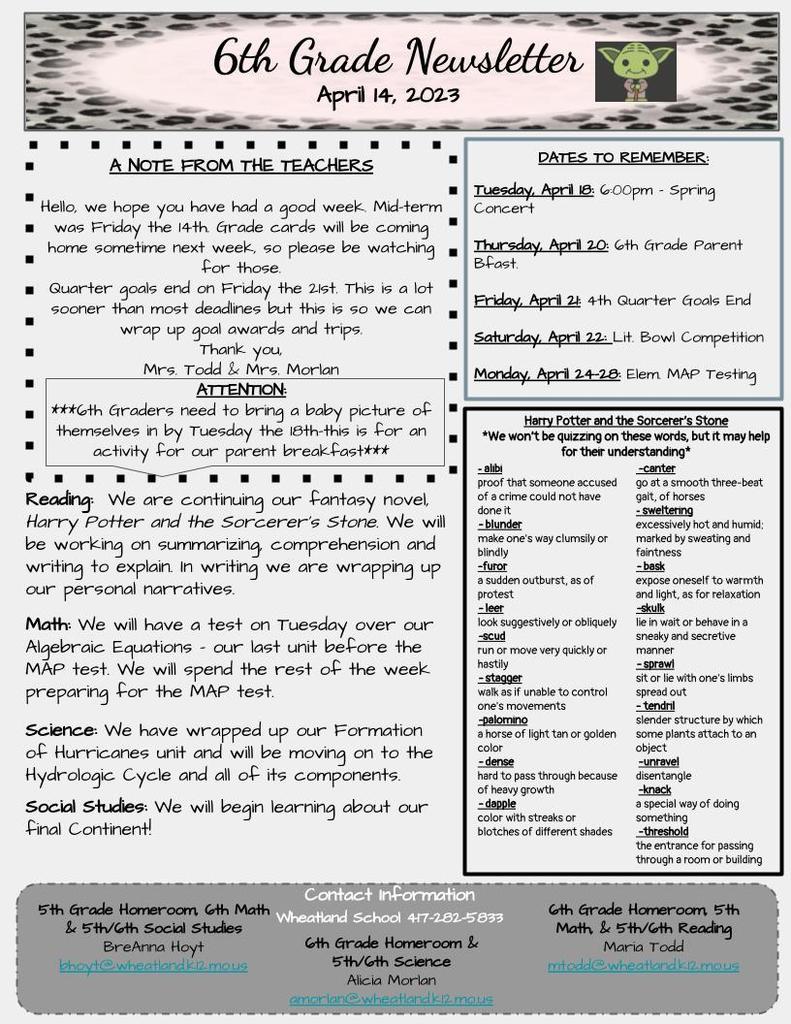 6th Grade Weekly Newsletter