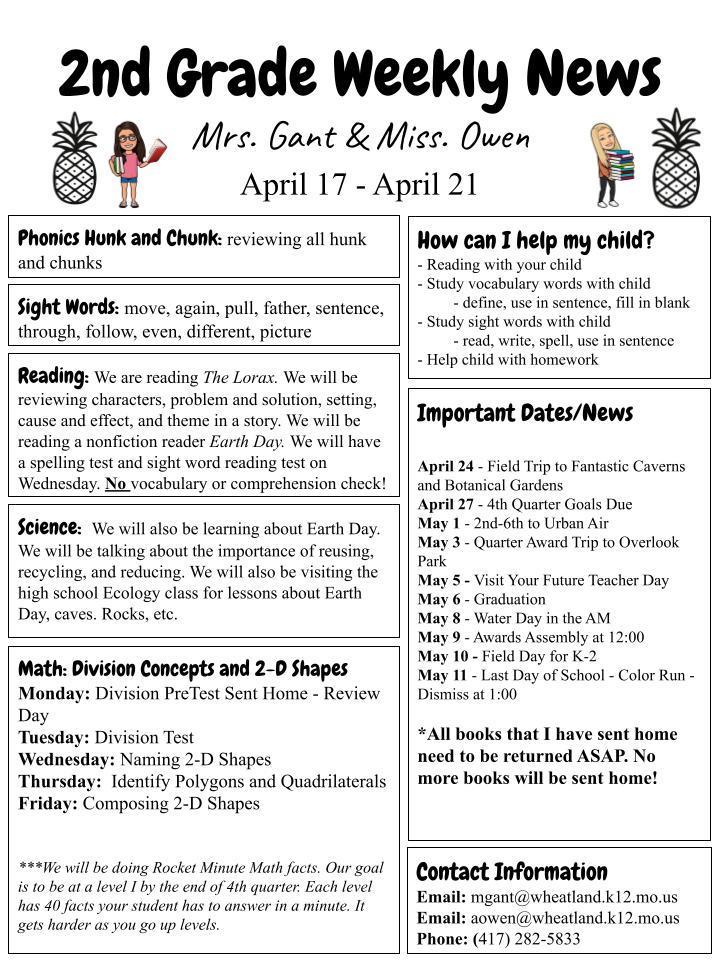 2nd Grade Weekly Newsletter