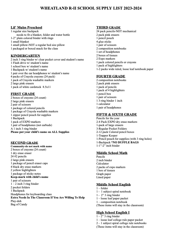 23-24 Elementary School Supplies List